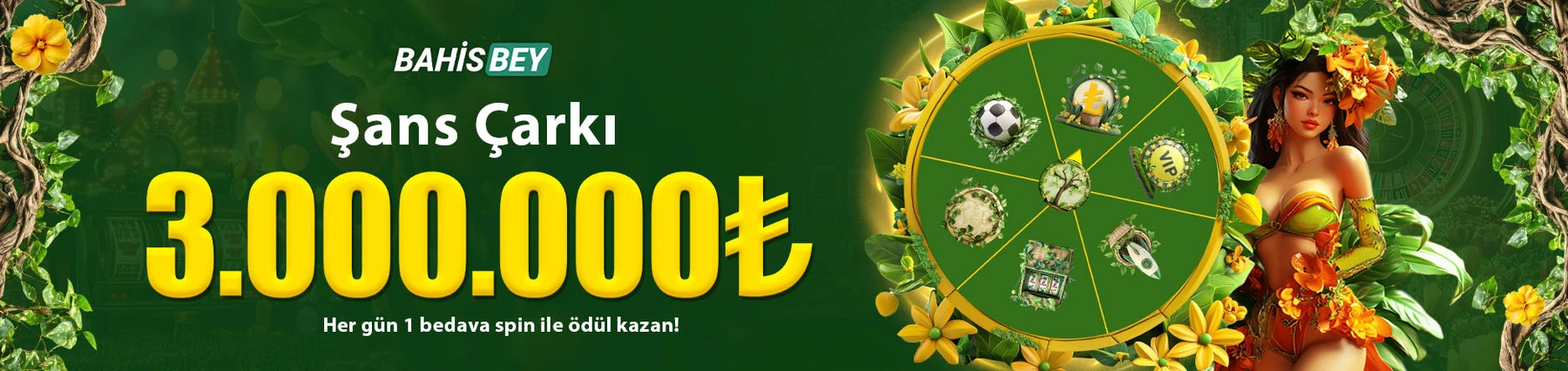 Bahisbey giriş sonrası günlük ücretsiz Şans Çarkı çevirerek anında Free Spin, yatırım bonusu ve nakit ödüller kazanma fırsatını kaçırma!